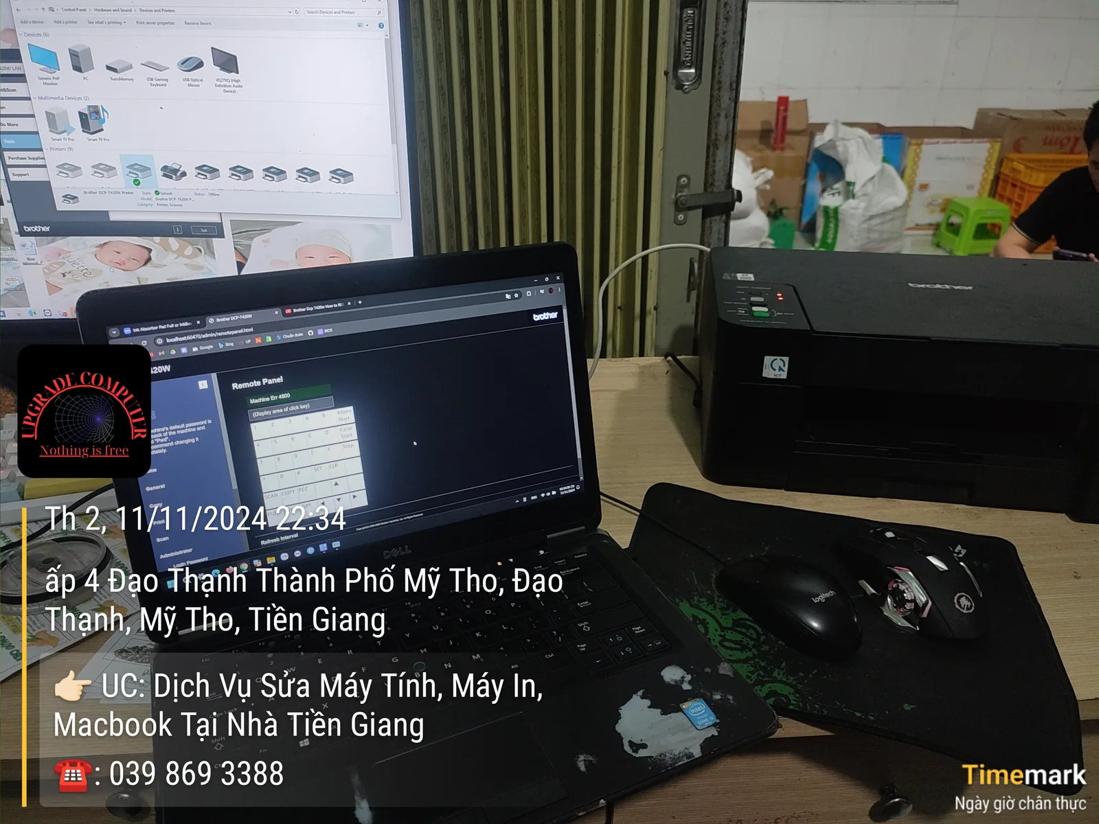 Sửa máy in tại nhà khách ở Đạo Thạnh, ảnh có đóng dấu thời gian và địa chỉ