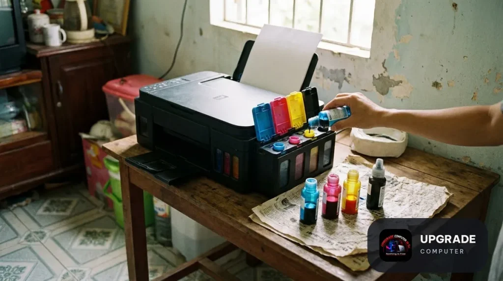 Máy in phun mở nắp bình mực cùng bốn chai mực màu