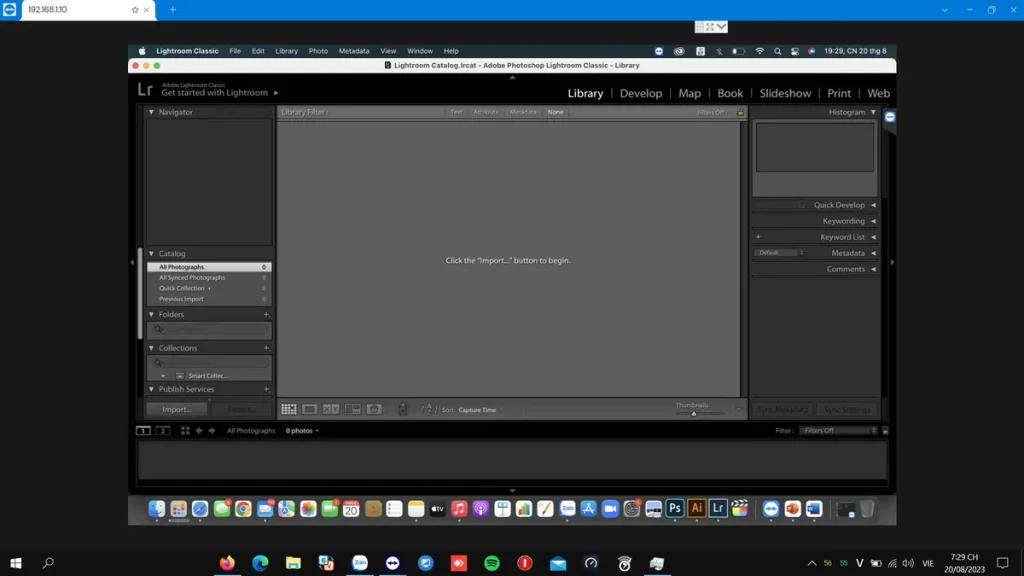 Màn hình phiên điều khiển từ xa, phần mềm Lightroom Classic đang mở trên macOS